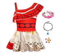 New front Vestito Halloween Bambina Moana Costume Vestito Bambina Cosplay Moana Copricapi Collane Forcina 3~8Anni Halloween Feste a Tema Carneval Natale Rosso 110