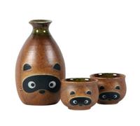 New Japanese Sake Set w/2 Cups Tanuki/Raccoon