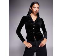New Look - Camicia in velluto nera con bottoni in strass-Nero 46