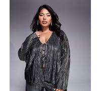 New Look Curve - Top a maniche lunghe plissé color peltro metallizzato con laccio-Argento 48