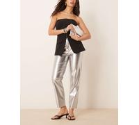 New Look - Pantaloni in similpelle PU metallizzati color peltro-Argento 48