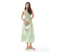New Look - Vestito midi verde chiaro con busto arricciato e volant 42