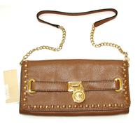 New-Michael Kors Hamilton Colpito Bagaglio, pelle Marrone + Oro Frizione, Borsa