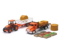 New Ray 1/43 Kubota Farm Tractor Play Set Truck Trailer Crates Bales SS-15815A