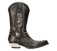 New Rock M-7928-S1 Western Cowboy Stivali Nero Pelle Pesante Biker Argento A