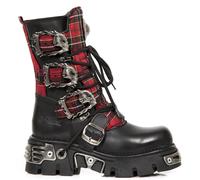 New Rock Stivali 391T-S1 Unisex Tartan Metallizzato Nero Pelle Plateau Goth