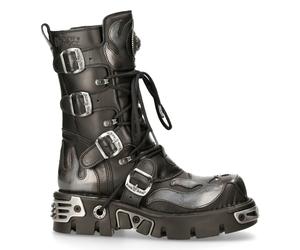 New Rock Uomo 107-S2 Pelle Stivali Teschio Argento Diavolo Goth Punk Metallico