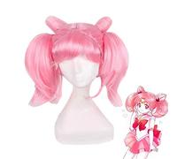 New Sailor Moon Chibiusa Parrucche Cosplay Fibra sintetica ad alta temperatura Capelli sintetici Capelli corti rosa con due code di cavallo + Cappuccio parrucca gratuito PL-034