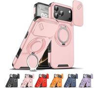 New Slide Camera Protection Magnetic Stand Phone Case for iPhone 17/16/15/14/13/12/11 Pro Max, with Privacy Camera Cover and 360° Rotating Stand,Built-In Magnetic Ring (Pink,iPhone17 Pro Max)