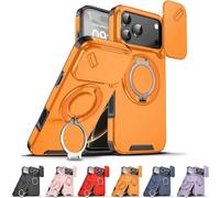 New Slide Camera Protection Magnetic Stand Phone Case for iPhone 17/16/15/14/13/12/11 Pro Max, with Privacy Camera Cover and 360° Rotating Stand,Built-In Magnetic Ring (Orange,iPhone17 Pro)