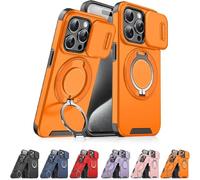 New Slide Camera Protection Magnetic Stand Phone Case for iPhone 17/16/15/14/13/12/11 Pro Max, with Privacy Camera Cover and 360° Rotating Stand,Built-In Magnetic Ring (Orange,iPhone16 Plus)