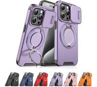 New Slide Camera Protection Magnetic Stand Phone Case for iPhone 17/16/15/14/13/12/11 Pro Max, with Privacy Camera Cover and 360° Rotating Stand,Built-In Magnetic Ring (Purple,iPhone16)