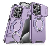 New Slide Camera Protection Magnetic Stand Phone Case for iPhone 17/16/15/14/13/12/11 Pro Max, with Rotating Stand and Privacy Camera Cover (Purple,for 15 Plus)