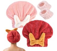 New Super Absorbent Hair Towel Wrap for Wet Hair, Microfiber Hair Towel Wrap for Women Long Hair, Hair Drying Towel, Plopping Towel Curly Hair with Face Wash Wristbands (Pink+Red)