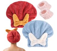 New Super Absorbent Hair Towel Wrap for Wet Hair, Microfiber Hair Towel Wrap for Women Long Hair, Hair Drying Towel, Plopping Towel Curly Hair with Face Wash Wristbands (Red+Blue)