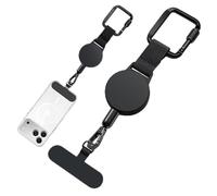 New&Teck Fascetta per telefono retrattile antifurto, con 2 patch, colore: nero, con moschettone e cordino in acciaio inossidabile, anti-caduta, per escursionismo, arrampicata, viaggi, ciclismo, Nero