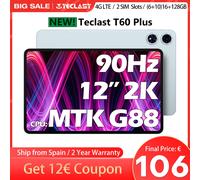 【 New】Teclast T60 Plus 12 pollici TDDI 90Hz 2K 2000x1200 Android 14 Tablet Widevine L1 MTK Helio G88 (6GB RAM + 10GB di espansione) 16GB RAM 128GB ROM 8000mAh 4G LTE Dual SIM TF fino a 1TB Tablet