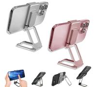 New Upgraded Back Clip Type 360° Folding Bracket, Metal Double Ring Square Phone Holder, Back Clip Foldable Phone Holder, Adjustable Height and Angle, with All Types Smartphones (Silver+Pink)