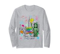 New York, città, bambino, statua libertà, orizzonte, schizzo, cartone animato Maglia a Manica
