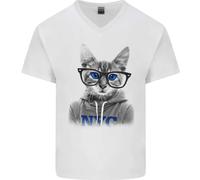 New York City Gatto Con Occhiali Uomo Scollo A V Cotone T-Shirt