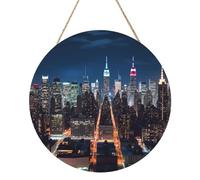 New York City Night Pannello in legno rotondo dipinto 30,5 cm targa da appendere rustica casa di campagna arte da parete decorazione per la casa con corda