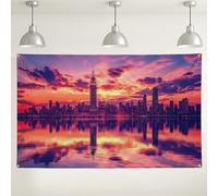 New York City Sunset Skyline sfondo, sfondo fotografico con riflessi di colori vivaci, arte urbana da parete per eventi, decorazione per interni ed esterni, per tutte le stagioni, 180 x 109 cm