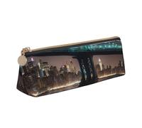 New York Manhattan Bridge Night stampa triangolo borsa cancelleria in pelle, adatta per viaggi e cosmetici