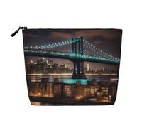 New York Manhattan Bridge Night Water Resistant Makeup Bag Fake Hemp, grande organizer per cosmetici da viaggio con cerniera