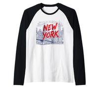 New York, Skyline della Città, Schizzo, Grafico, con, Grassetto, Rosso, Pennello Maglia con Maniche Raglan