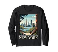 New York, Skyline di Brooklyn, Ponte, Retro, Vintage, Arte Maglia a Manica