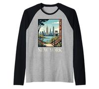 New York, Skyline di Brooklyn, Ponte, Retro, Vintage, Arte Maglia con Maniche Raglan