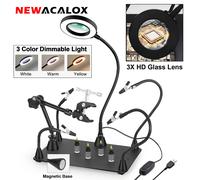 NEWACALOX Mani ausiliarie per saldatura con lampada d'ingrandimento a LED 3X, supporto PCB a 4 bracci metallici flessibili magnetici, staffa per pistola ad aria calda a 360°