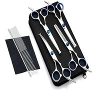 Newaner Forbici Toelettatura Cani Professionali, Acciaio Inossidabile con Punte di Sicurezza Rotonde, Forbici Curve e Dritte, Pettine, Blu