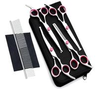 Newaner Forbici Toelettatura Cani Professionali, Acciaio Inossidabile con Punte di Sicurezza Rotonde, Forbici per Sfoltire, Curve e Dritte, Pettine Viola