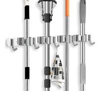 Newaner Porta Scope Parete Viti Senza Foratura Acciaio Inossidabile, Portascope da Muro Appendibile con 4 Supporti e 5 Ganci，Porta Scope per Cucina, Armadio, Bagno, Garage, Giardino, Argento