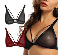 NewBull Confezione da 2 reggiseni trasparenti da donna per donne in pizzo, con scollo a V, in rete, con coppe complete, reggiseni, comodi reggiseni, biancheria intima a U sulla schiena nuda, nero +