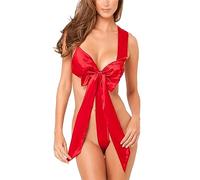 NewBull Intimo Sexy da Donna Rosso Bowknot Babydoll Lingerie Classico Teddy Body con 1 Nastro Halter Backless Tracolla Regolabile Costumi Cosplay di Natale