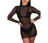 NewBull Lingerie - Vestito da donna, in rete, da donna, con maniche lunghe, scollo rotondo, estivo, con canottiere, Nero , Taglia unica