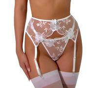 NewBull Reggicalze da donna, reggicalze da donna, set largo, biancheria intima, calze sexy in pizzo con 4 supporti, reggicalze regolabili per donna + perizoma, bianco, Taglia unica