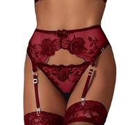 NewBull Reggicalze e perizoma Set da donna sexy in pizzo con reggicalze trasparenti con 4 clip metalliche regolabili per calze erotiche biancheria intima + G-String, rosso, Taglia unica