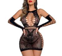 NewBull Set di biancheria intima da donna abiti a rete rete fishnet mini abito con maniche lingerie da notte sexy aderente vestito scavato costume bodysuit piccardias tuta taglia unica, Manica, Taglia
