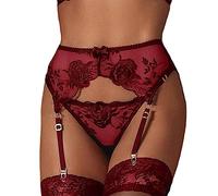 NewBull Sexy Set Giarrettiere e Perizoma con Reggicalze a 4 Cinghie Regolabili per Donna - Completi di Biancheria Intima a Vita Alta per Calze Curvy - Lingerie di Pizzo (Rosso)