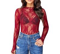 NewBull Top Donna Sexy Trasparente in Pizzo a Maniche Lunghe, Top in Maglia Mesh, Chemisier a Vista, T-Shirt, S-XL, borgogna, XL