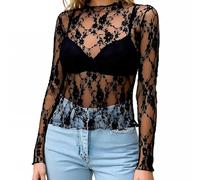 NewBull Top Donna Sexy Trasparente in Pizzo a Maniche Lunghe, Top in Maglia Mesh, Chemisier a Vista, T-Shirt, S-XL, Nero , XL