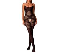 NewBull Tuta Sexy da Donna Bodystocking in Rete Trasparente Camicia da Notte Bodysuit Senza Cavallo Body Abbigliamento da Notte con Righe Incrociate Lingerie Maliziosa Erotica Hot Nero