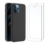 NEW'C Cover Nero per iPhone 12 Pro Max + 2x Pellicole Vetro Temperato | Cover + 2x Pellicole Schermo, 6,7 Pollici, Durezza 9H, Antiurto, Antigraffio, Raised Edges, HD Trasparente, Ultrasottile