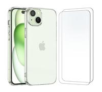 NEW'C Cover per iPhone 15 + 2x Pellicole Vetro Temperato Trasparente | Cover + 2x Pellicole Schermo, 6,1 Pollici, Durezza 9H, Antiurto, Antigraffio, Raised Edges, Sottile, Anti-impronta