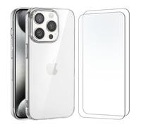 NEW'C Cover per iPhone 15 Pro + 2x Pellicole Vetro Temperato Trasparente | Cover + 2x Pellicole Schermo, 6,1 Pollici, Durezza 9H, Antiurto, Antigraffio, Raised Edges, Sottile, Anti-impronta