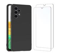 NEW'C Cover per Samsung Galaxy A33 5G + 2x Pellicole Vetro Temperato | Cover Nero + 2x Pellicole Schermo, 6,4 Pollici, Durezza 9H, Senza Bolle, Antiurto, Antigraffio, Raised Edges, HD Trasparente