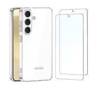 NEW'C Cover per Samsung Galaxy S24 5G + 2x Pellicole Vetro Temperato HD | Cover Trasparente + 2x Pellicole Schermo, 6,2 Pollici, Durezza 9H, Senza Bolle, Antiurto, Antigraffio, Raised Edges, Sottile